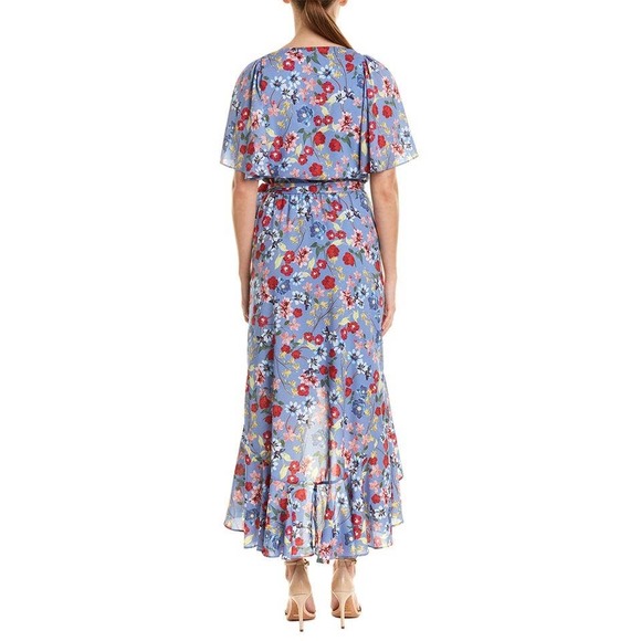 Parker Midi Wrap Dress Small Blue Floral Print Short Sleeve A-Line High-Low - Picture 4 of 11